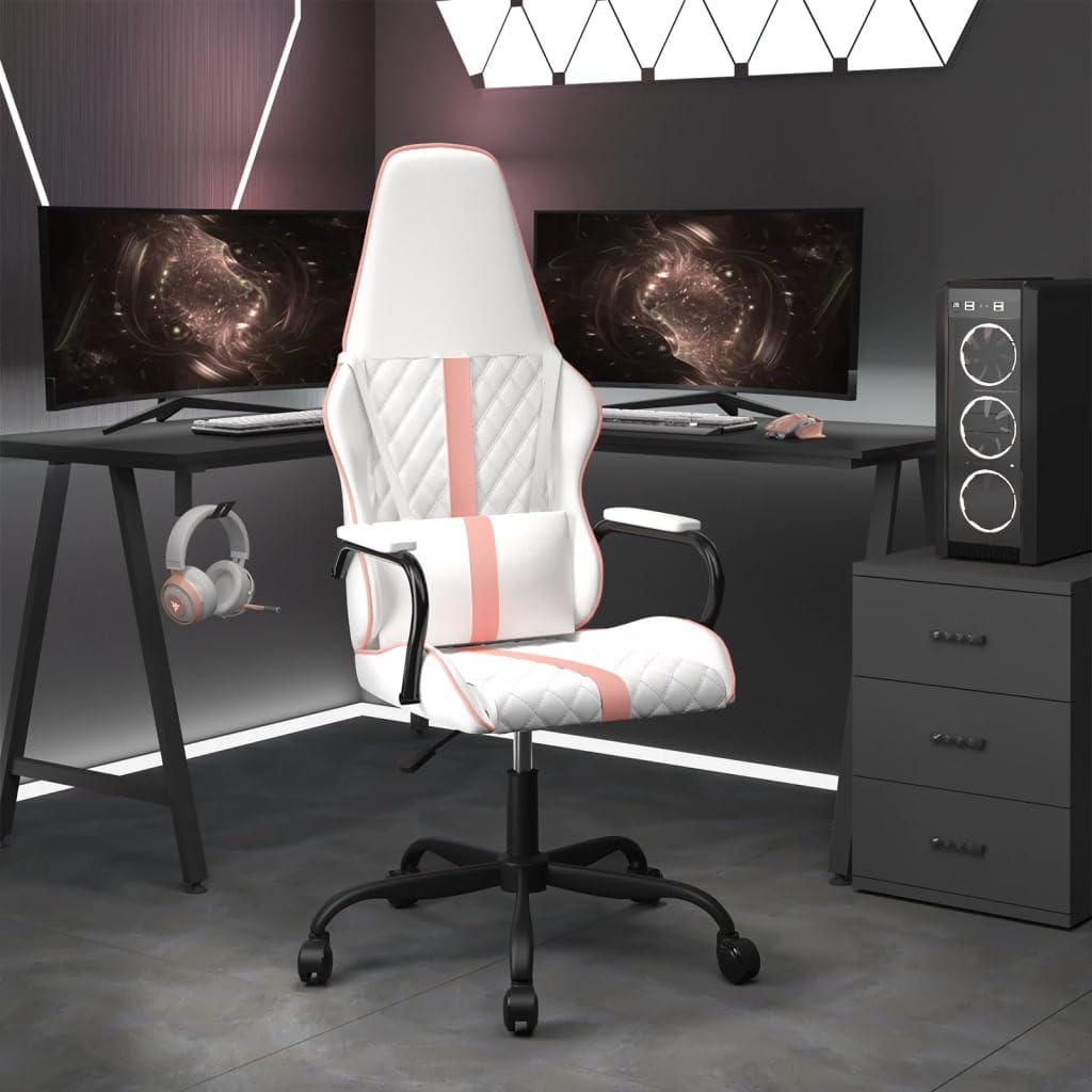 Homgoday Silla de gaming de masaje rosa y blanca de piel sintética, silla de oficina, silla de oficina, silla de oficina