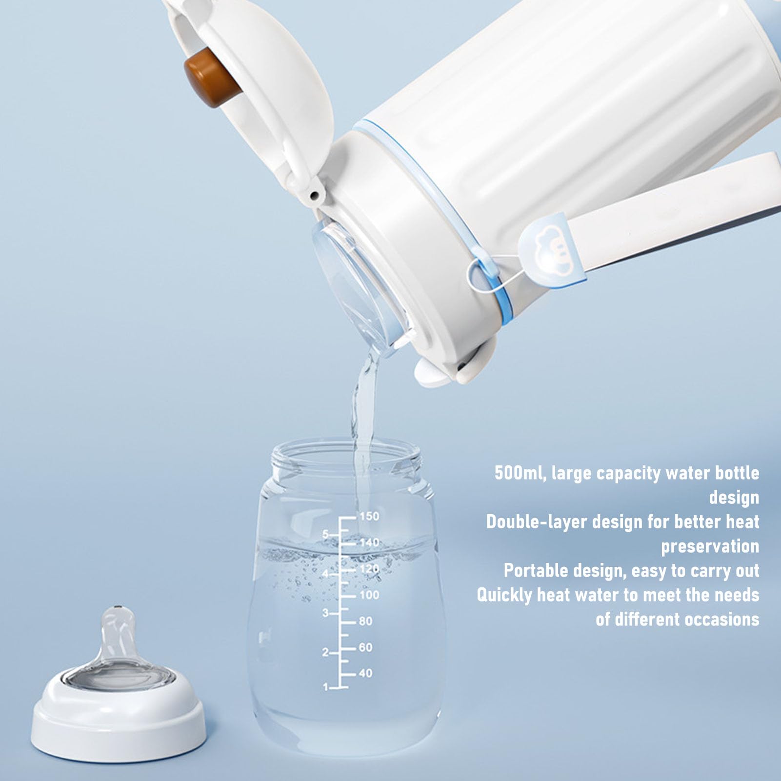 Calientabiberones Portátil, Calienta Biberón De Viaje De Acero Inoxidable De Doble Capa De 500ml Hervidor Eléctrico De Viaje Inalámbrico Y Recargable Por USB Para Leche Materna