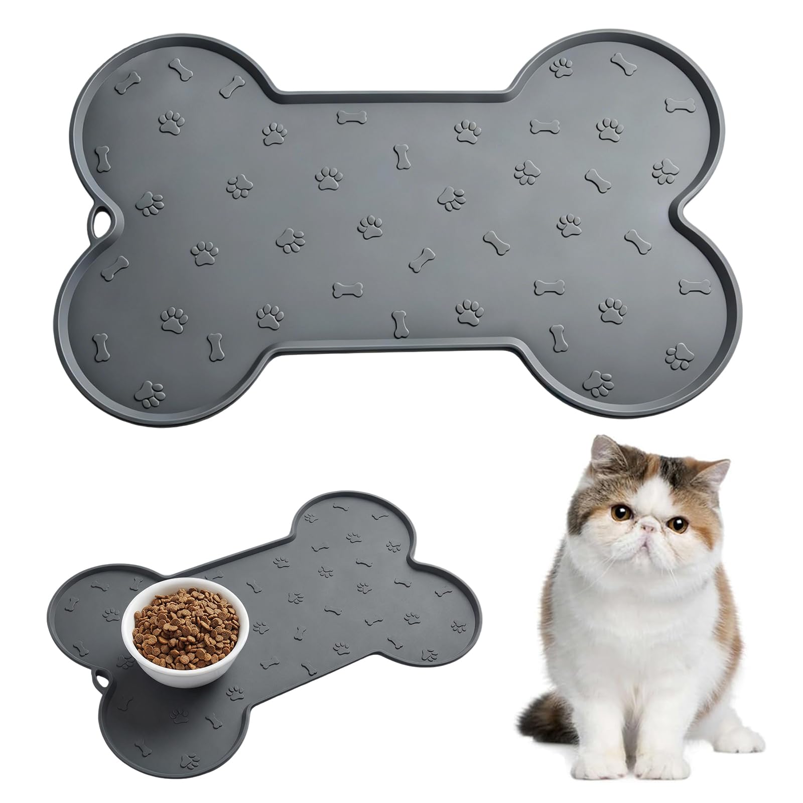 Geebymol Silicone Pet Feeding Mat, Waterproof Dog Cat Food Mat with Raised Edges, Pet Water Bowl Placemats, Dog Cat Feeding Mats for Food and Water Prevent Spill, 48x30cm (Grey)