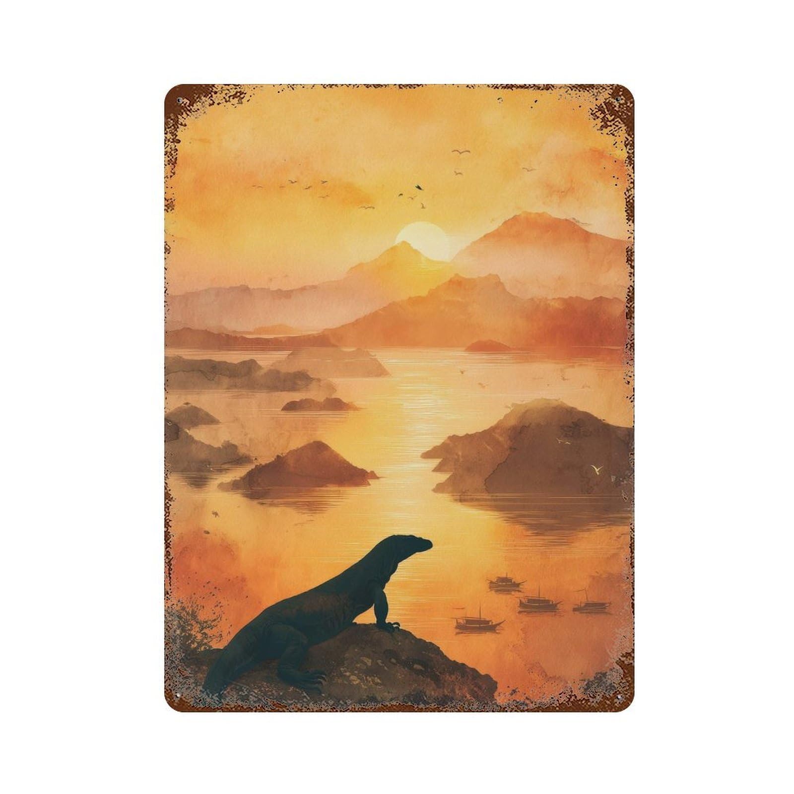 xiaoxiaoshen Komodo Island Indonesia Watercolor Travel Dragon Sunset Wall Decor Art Metal Tin Poster Modern Home Decor Art Home Bar Shop Decorations Vintage Sign 40x30cm
