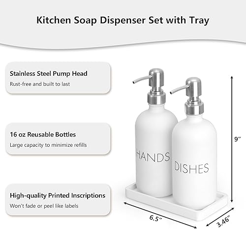 Miniatura 2 de Juego de dispensador de jabón blanco para platos y manos, dispensador de jabón de cocina de vidrio con bandeja y bomba de acero inoxidable, para