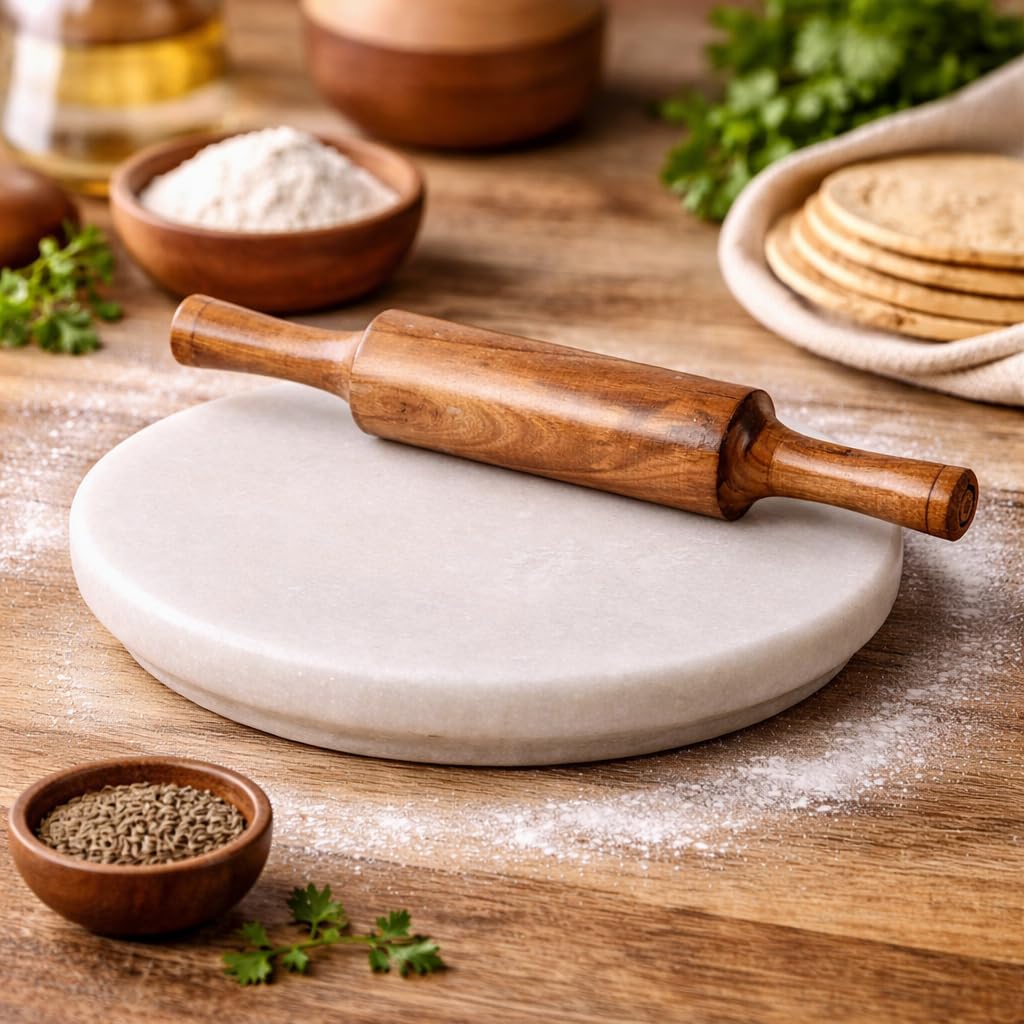 Premium Marble Chakla Belan Set with Wooden Rolling Pin, Heavy Duty Stone Chakla for Roti, Chapati & Paratha Making, Durable Kitchen Tool for Everyday Use (10 Inch) (White chakla belan)