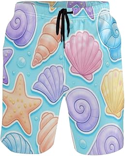 [ODAWA] Sea Shells Starfish Blue Swimming Shorts for Men, Mesh Lining Surf Shorts with Pockets 2XL