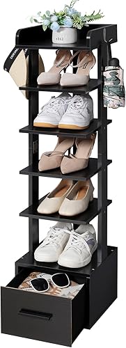 Miniatura 8 de usikey Zapatero vertical grande de 6 niveles, zapatero de madera con cajón inferior y ganchos laterales, organizador alto para zapatos, soporte de