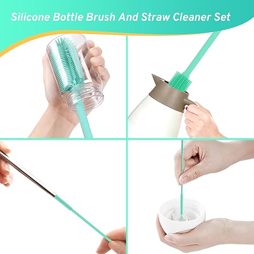 Miniatura 6 de Cepillo de silicona para botellas con 2 cepillos limpiadores de pajillas, juego de cepillos para botellas de limpieza, tarros, vasos, termos,