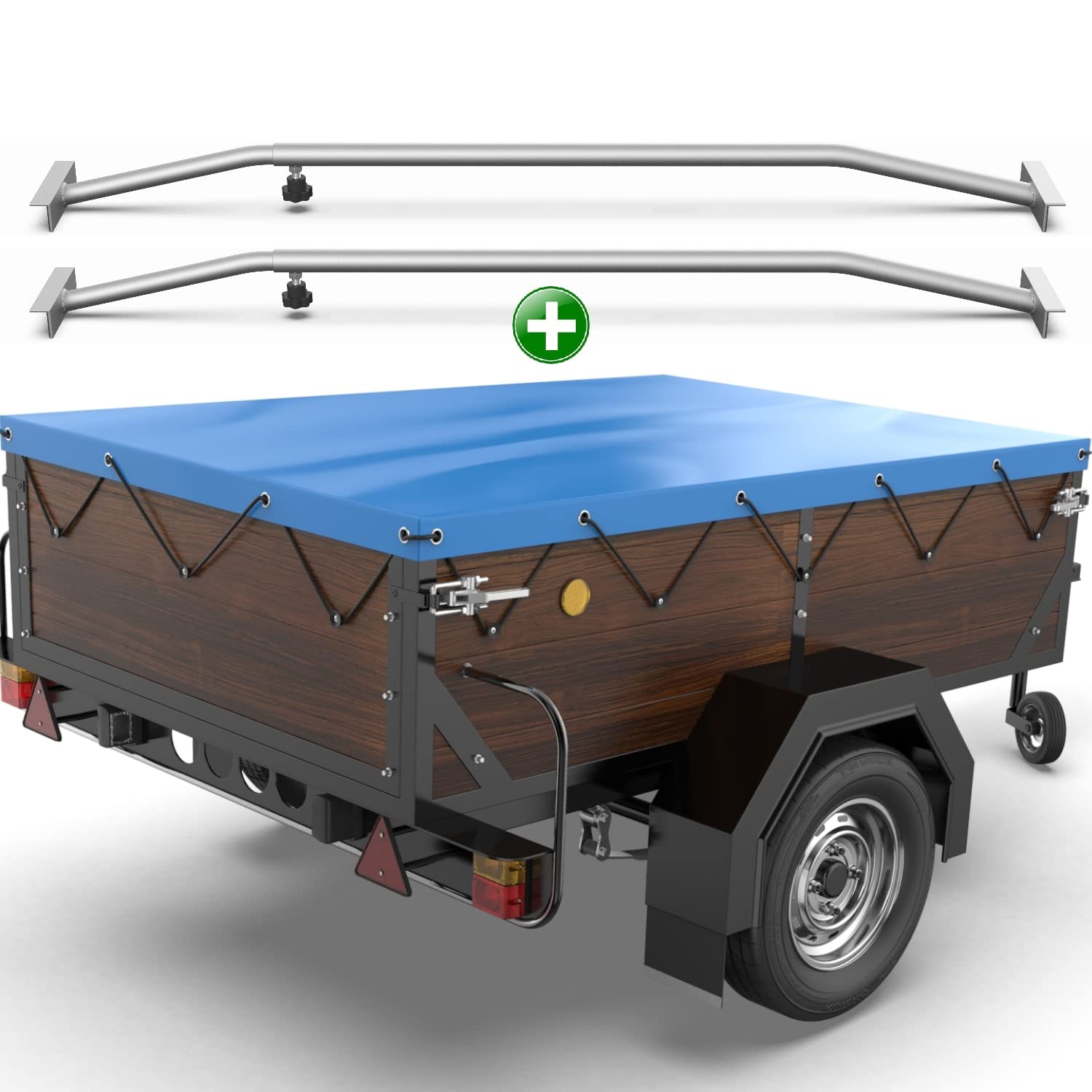 Tarpofix® Lona para Remolque Plana 150 x 105 x 7,5 cm + 2X Soporte de Cubierta (Ajustable 100-145 cm) - Lona Remolque de PVC - Cubierta para Varios remolques de Coches de 350kg & 500kg