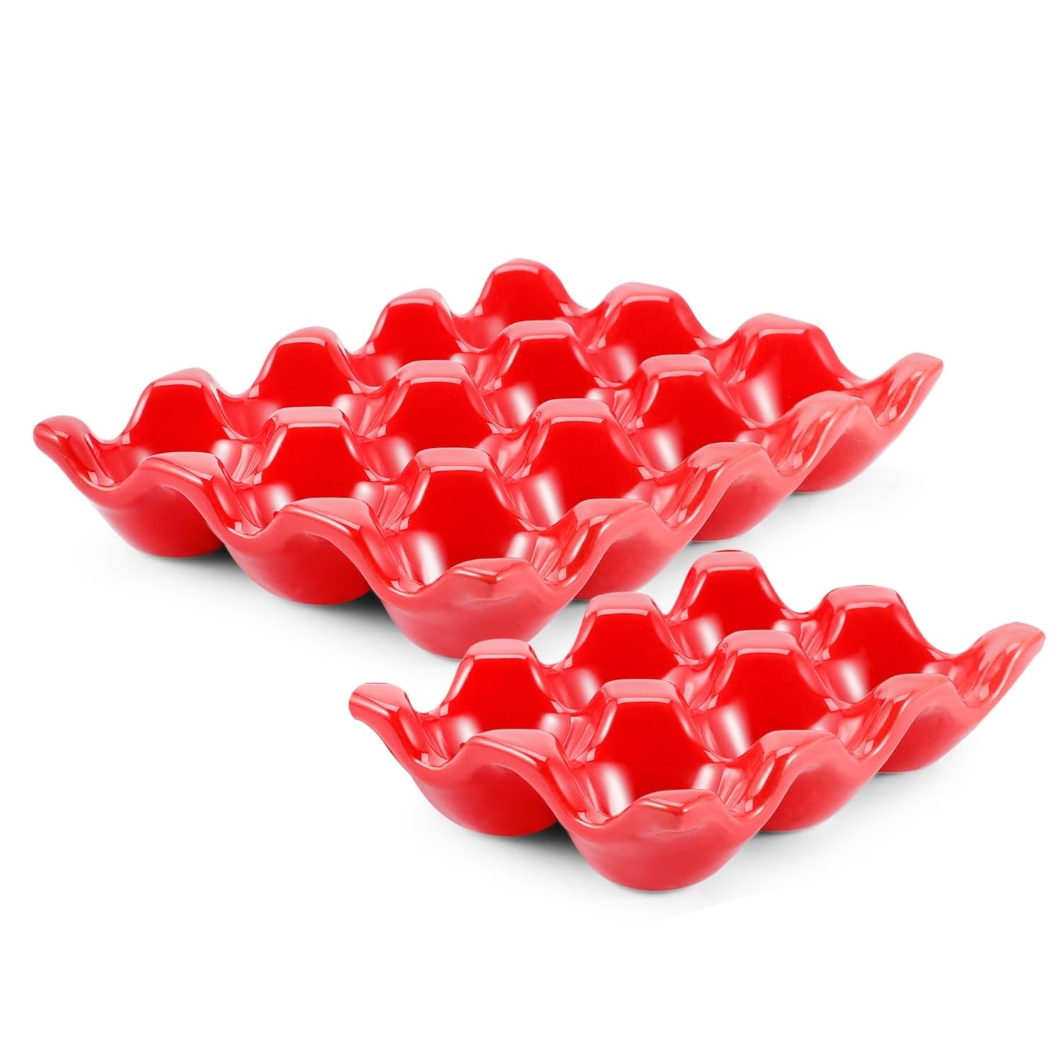 Flexzion 12 + 6 Cups Ceramic Egg Holder for Fridge - 18 Porcelain Egg Tray Container Keeper Storage Organizer Decorative Serving Stand Serveware for Refrigerator Countertop Display Kitchen (Red)