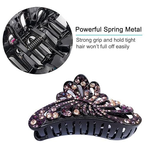Miniatura 3 de ARFINNE Pinzas grandes para el cabello con diamantes de imitación morados champán de 5 pulgadas de plástico antideslizante de hoja grande negro