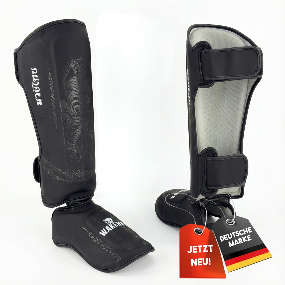 Schienbeinschoner WAKENDA | Ideal für Kickboxen, Thaiboxen, MMA | Fester Sitz mit Perfekter Polsterung für Sparring oder Pratzen Training (L)