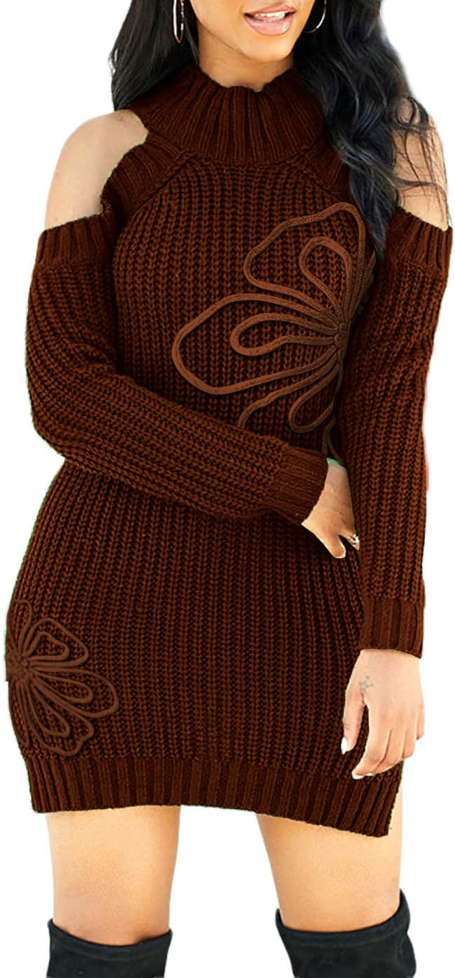 SxClub Women's Winter Sweater Dresses Sexy Cold Shoulder Pullover Dress