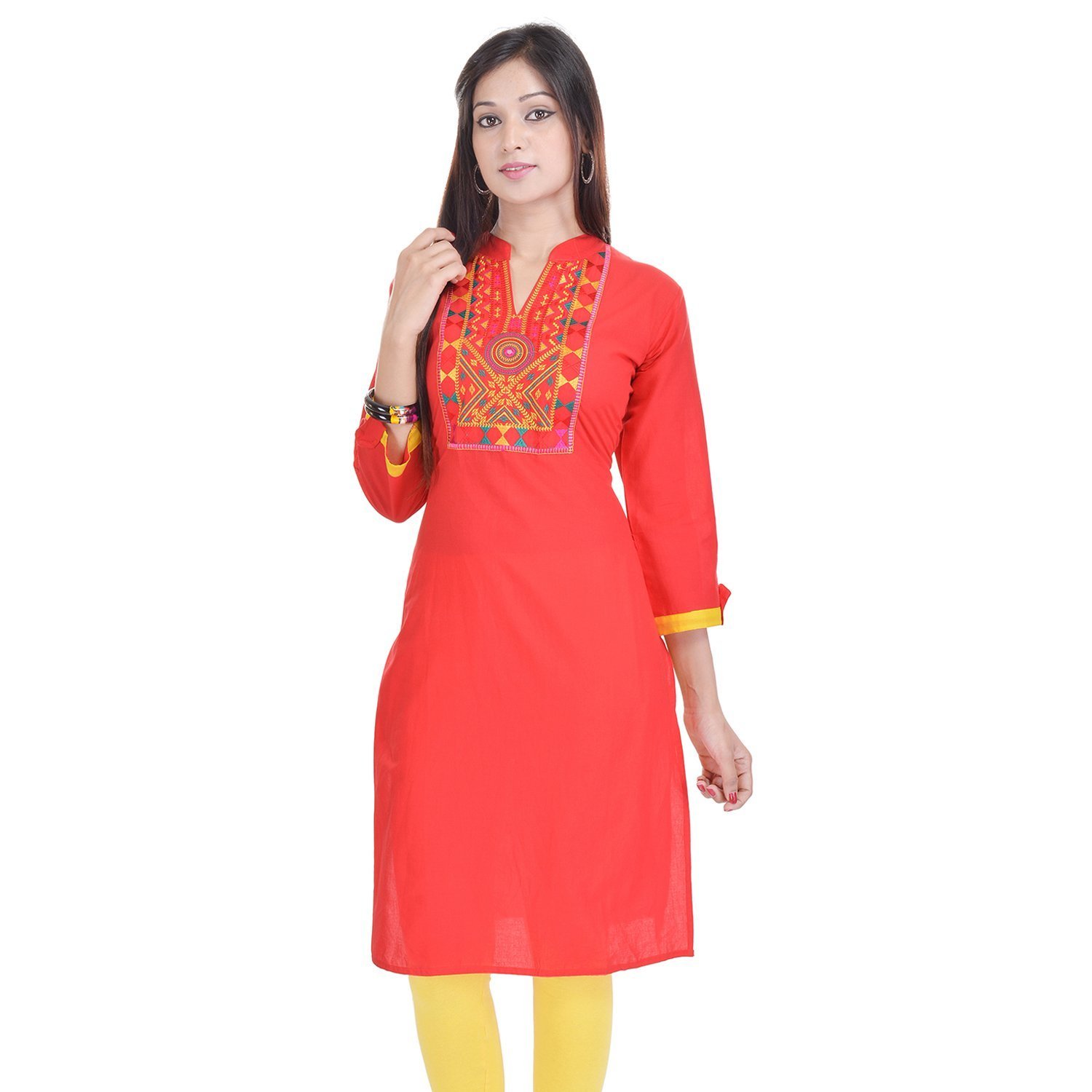 Chichi Indian Women's Plain with Embroidered Neck Cotton Kurti Top