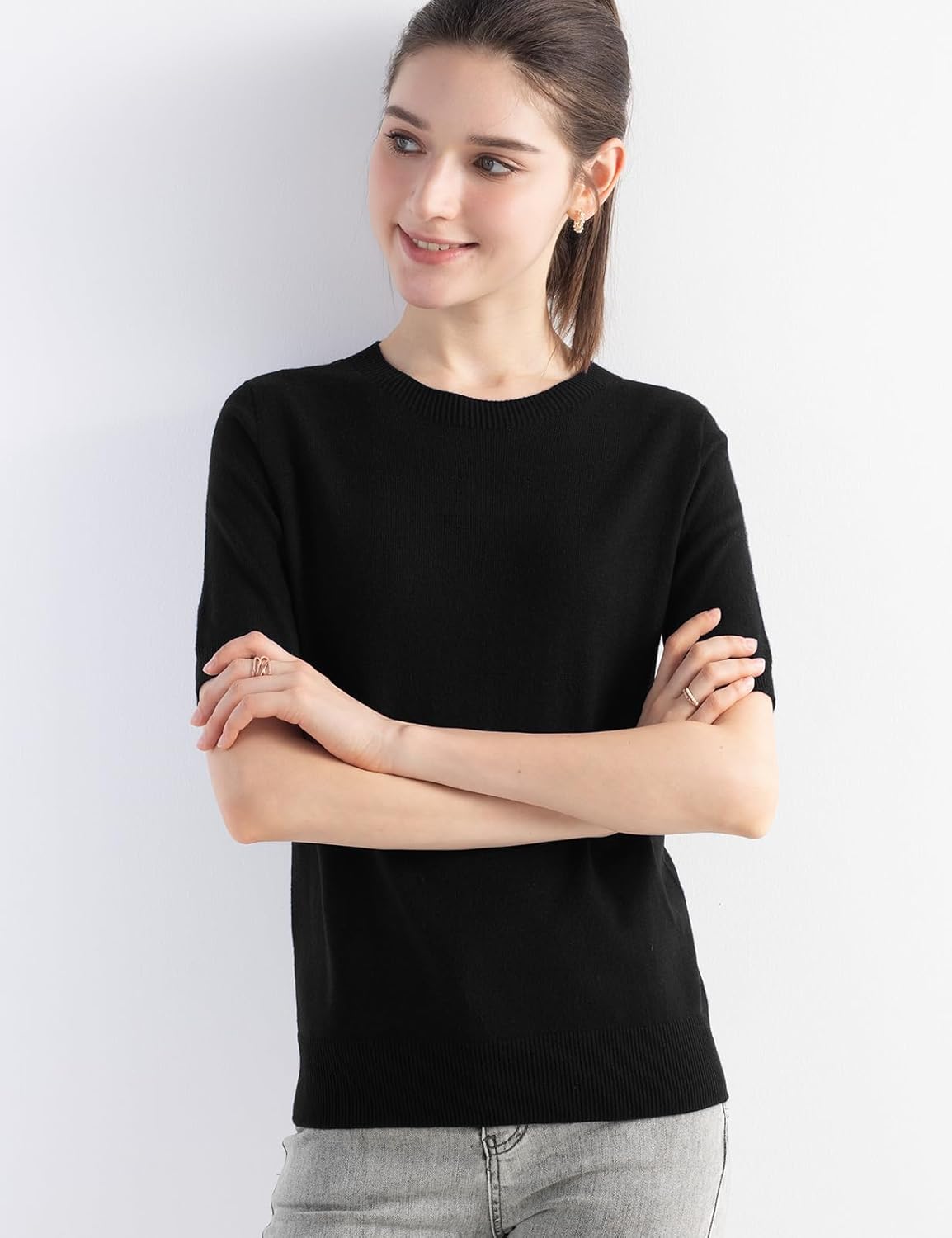 Women's Merino Wool Blend Sweater Fall Winter Crew Neck Short Sleeve First-Line Ready to Wear Seamless Knit Pullover - Image 5