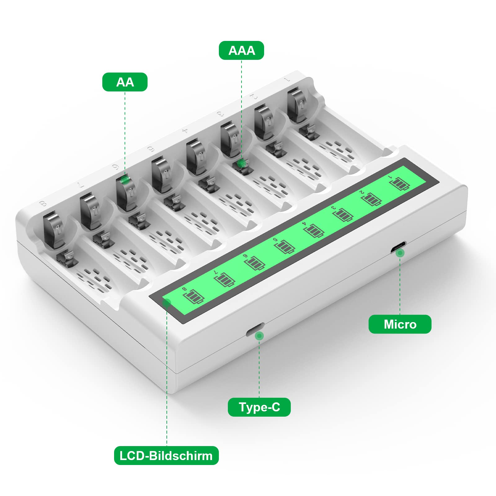 Deleepow AAA Akkus 1100 MAh (8 Stück) Mit LCD-Ladegerät - 1200 Ladezyklen, Für AA/AAA