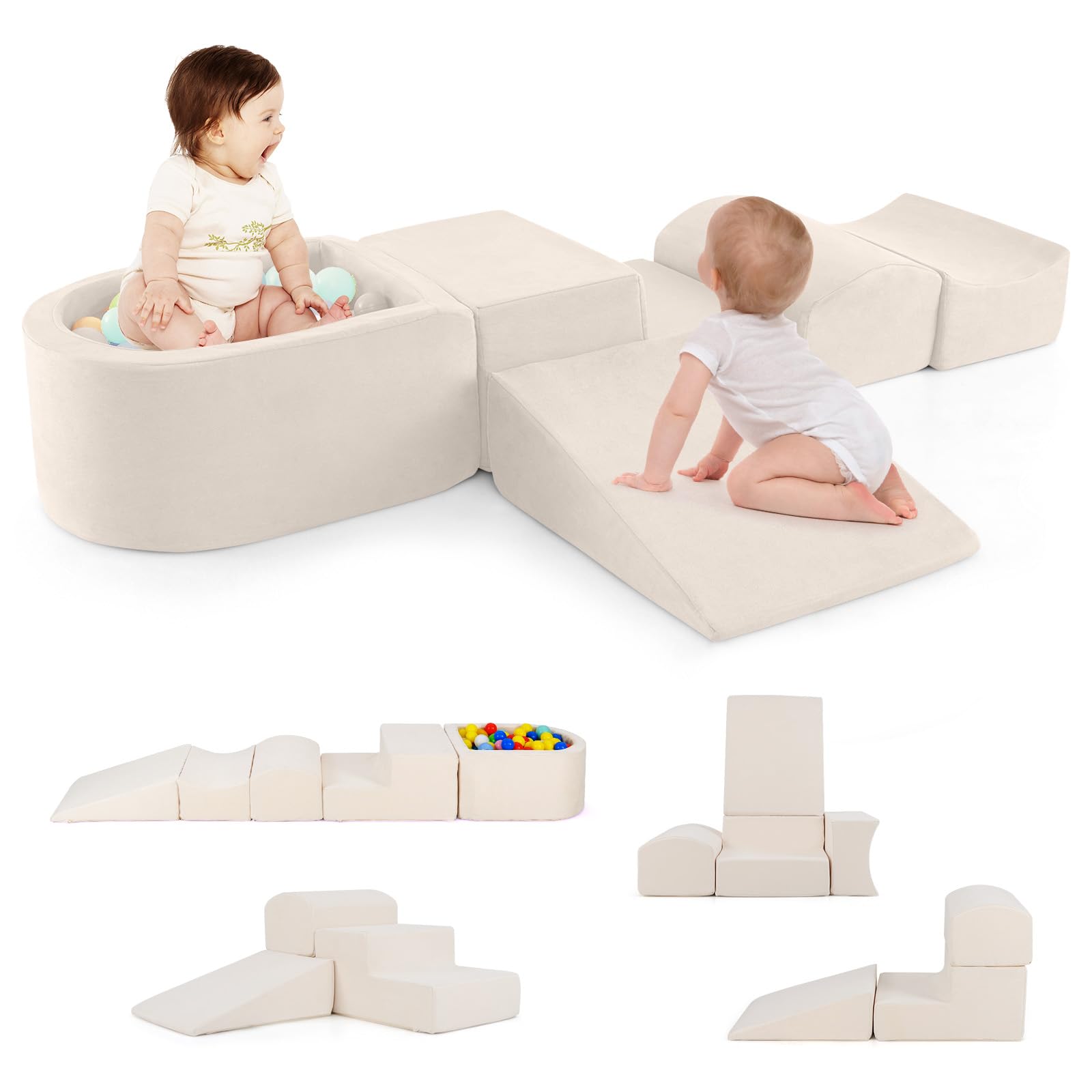COSTWAY 5-Piece Soft Play Climbing Blocks, Baby Climb and Crawl Playset with Ball Pit, Foam Playground Montessori Toy for Toddlers (Beige) — image 1