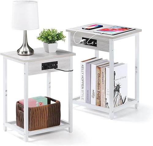 melos Mesitas de noche con estación de carga, mesita de noche de 2 niveles con puertos USB y tomas, mesa auxiliar estrecha con estante de