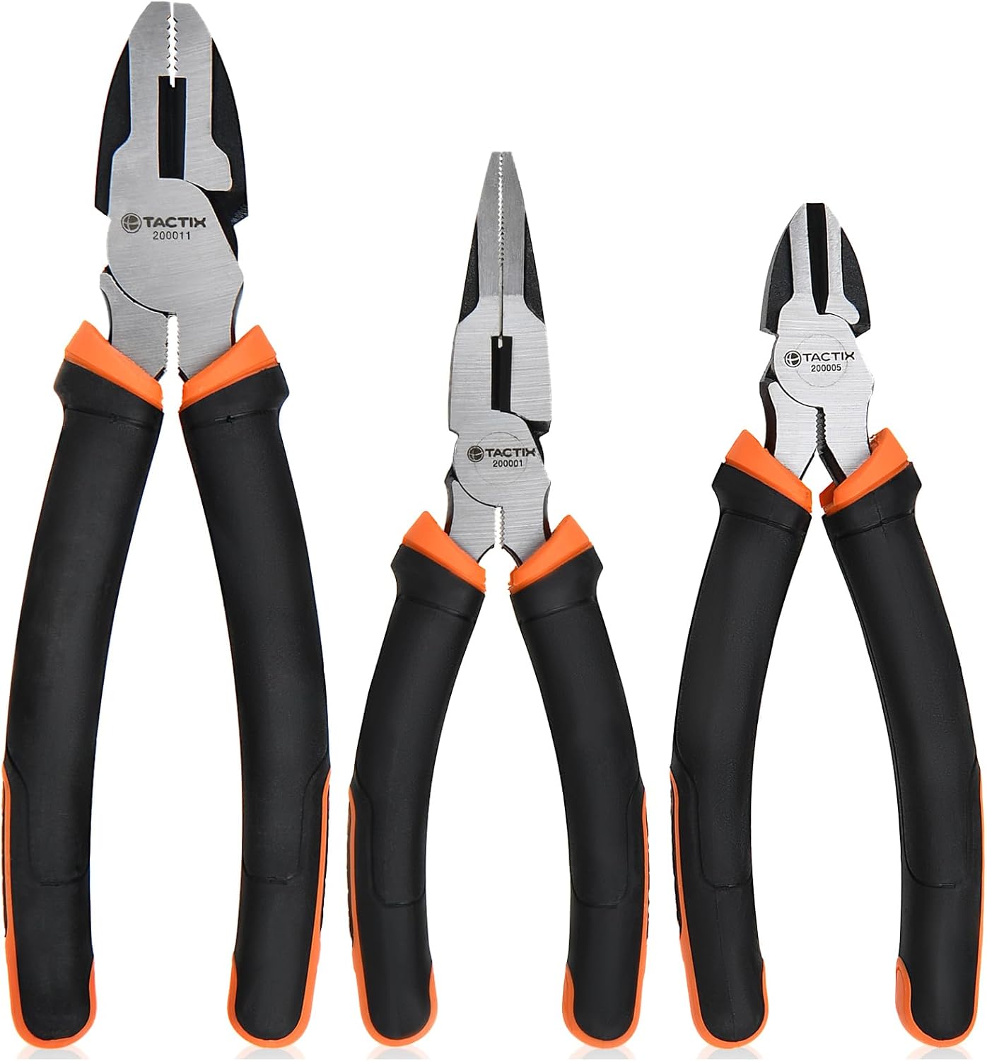 TACTIX 3-Piece Pliers Set Premium Cr-Ni Construction, Includes 6" long nose plier, 6" diagonal pliers and 7-1/2" linesman plier, for electrical work, mechanical repairs, and DIY projects.