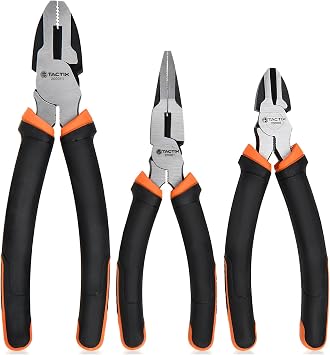 TACTIX 3-Piece Pliers Set Premium Cr-Ni Construction, Includes 6" long nose plier, 6" diagonal pliers and 7-1/2" linesman plier, for electrical work, mechanical repairs, and DIY projects.