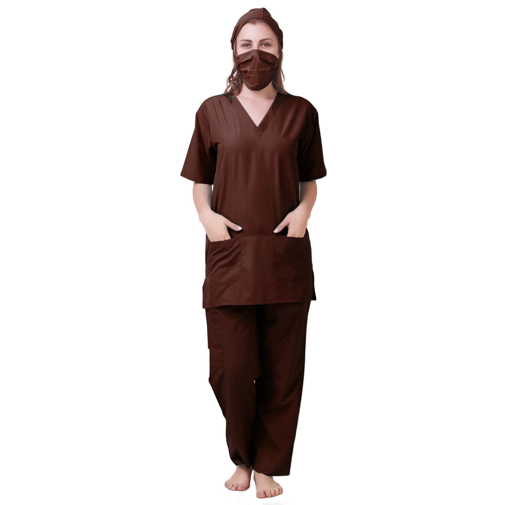PrimeSurgicals Unisex Scrub Suit V-Neck 3 Pocket Top and 4 Pocket Cargo Trouser with Cap and Mask - (40 - L, Woodbrown)-picture-13