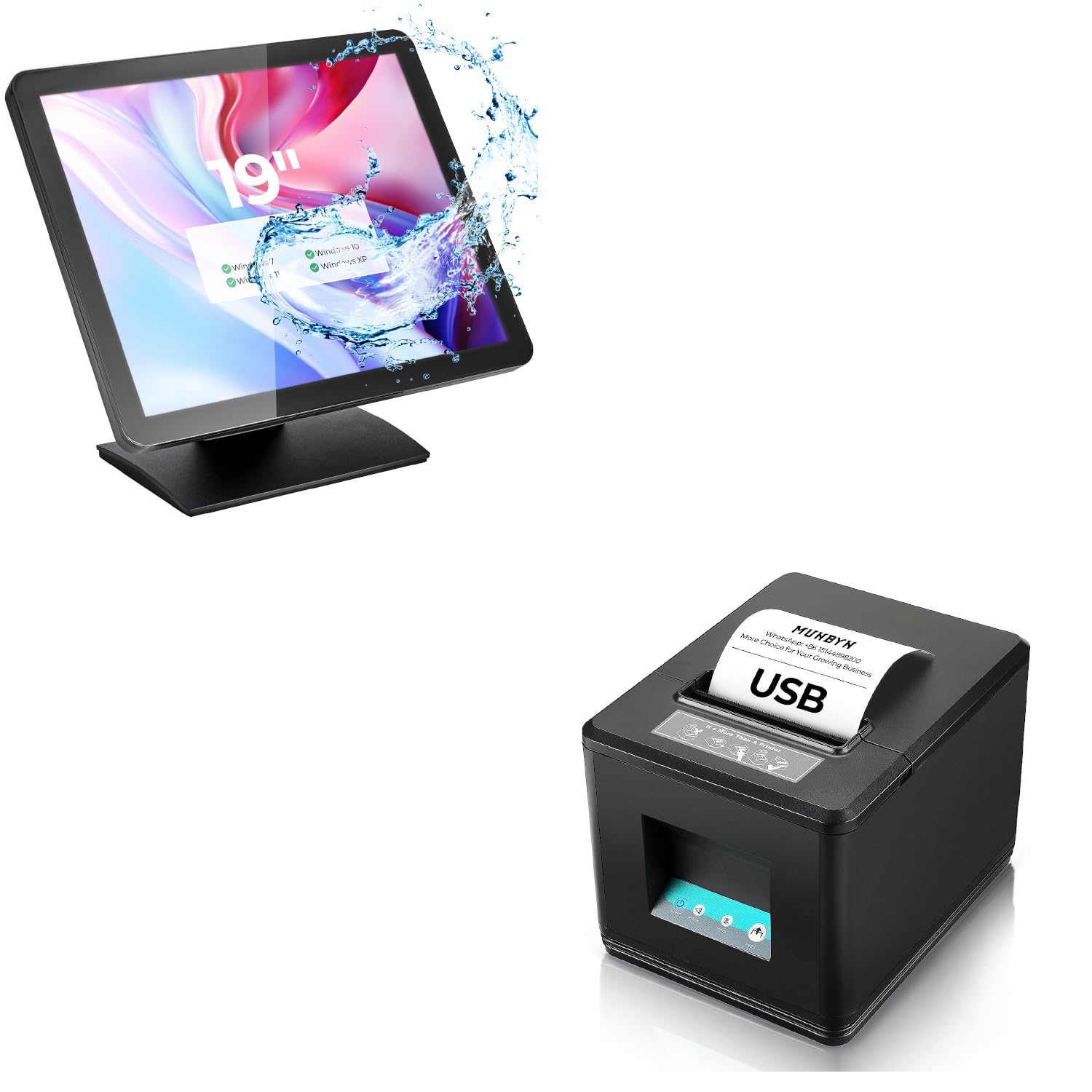 MUNBYN 19-inch POS-Touchscreen-Monitor, POS-Systems-for-Small-Business, and 80mm USB Receipt Printer, POS Printer with Auto Cutter ESC/POS Command Support Windows Mac
