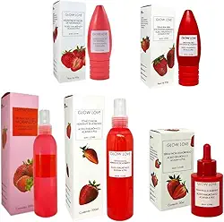 Max Love Kit Glow Love Morango, Conjunto Skincare com Sérum, Tônico, Bruma e Creme Facial,Creme Area dos Olhos, Ácido Hialurônico e Vitamina E, 5 Peças