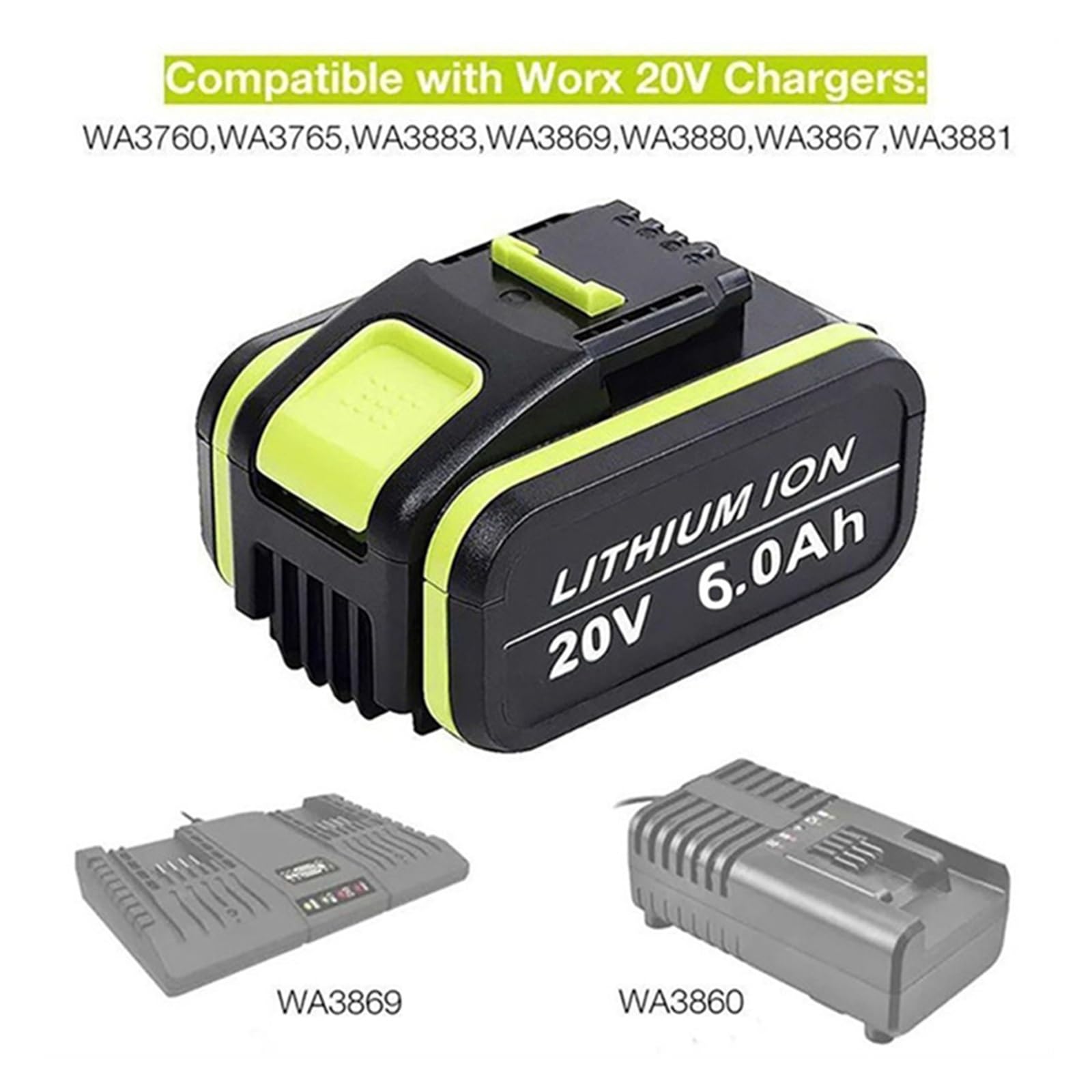 Batería de litio recargable de 20V y 6,0Ah, Compatible con herramientas eléctricas y de jardín Worx, WA3553/WA3551/WA3570/WA3553.1, de alta capacidad(5.0AhX1)