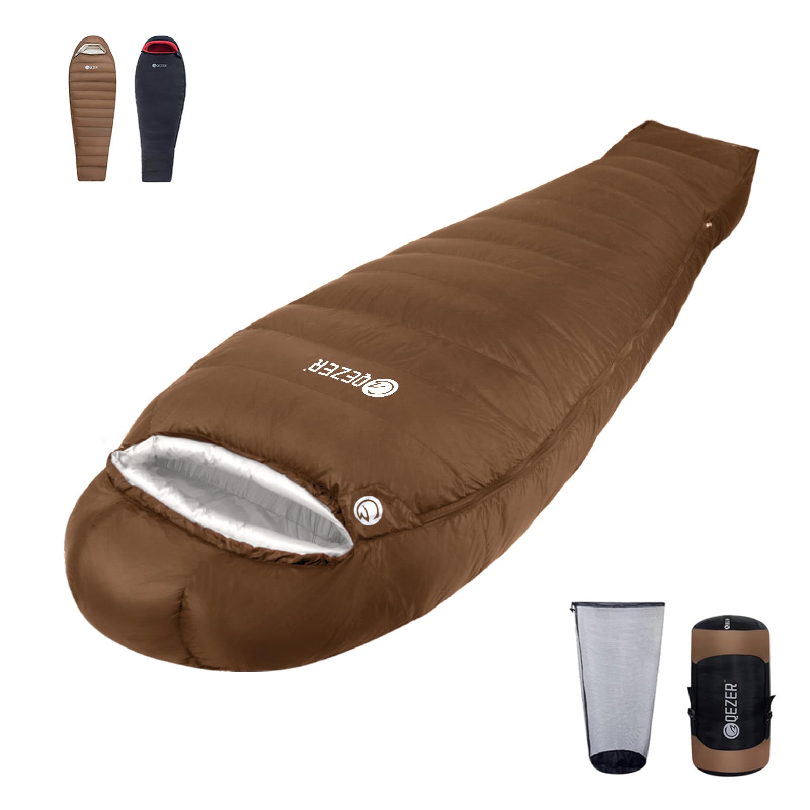 QEZER Sleeping Bag for Winter, Down, Mummy Type, Lowest Temperature -26°C, 700 g/1000 g/1500 g Feather Fill, 650 FP High-quality Down Sleeping Bag, Compact, 400T Water Repellent Processing, Camping