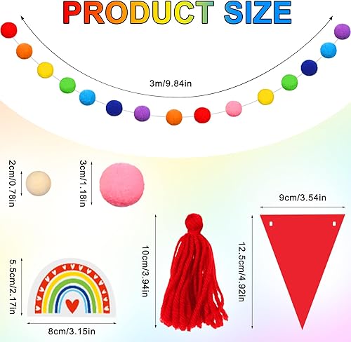 Miniatura 2 de Sumind Guirnalda de borlas de arco iris, guirnalda bohemia con pompones, guirnalda de bolas de fieltro de arco iris, guirnalda de dulces coloridos