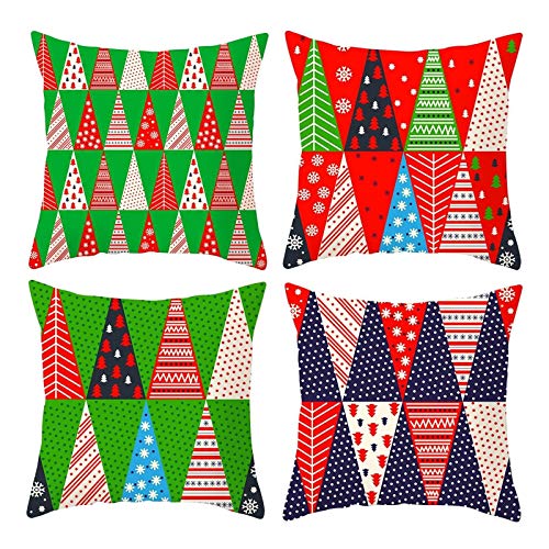 Lieson Housse de Coussin 50x50 Lot de 4, Housse Coussin Noël Vert Rouge Housse de Coussin Canapé Motif de Rayures Flocon de Neige Arbre de Noël, Polyester