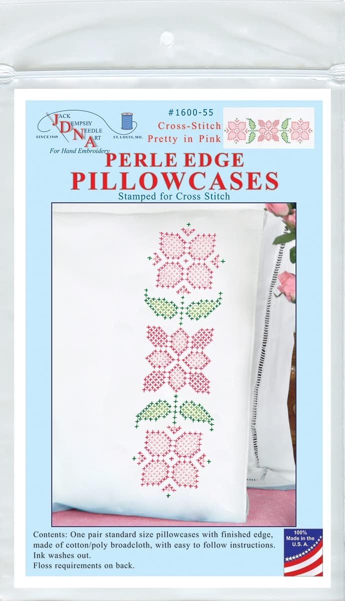 Jack Dempsey Stamped Pillowcases W/White Perle Edge 2/Pkg - Cross-Stitch Pretty in Pink