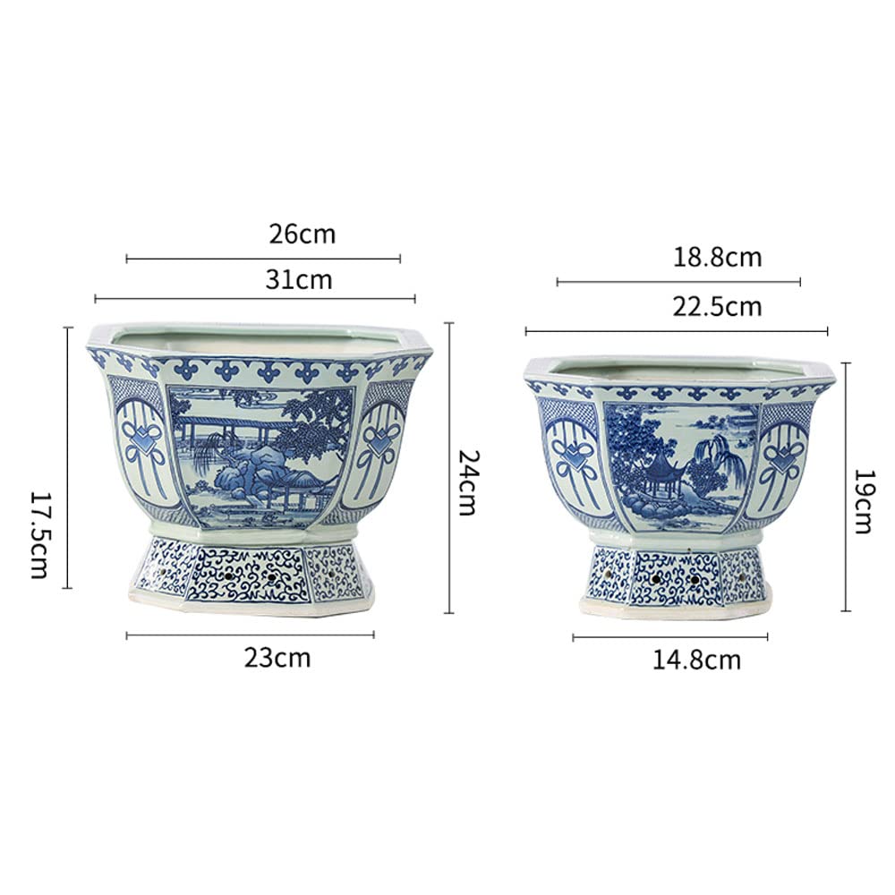 Ceramiczna doniczka, niebiesko-biała porcelana, zielona doniczka, antyczny wzór krajobrazu, zielone rośliny, doniczka, ogrodnictwo, rośliny doniczkowe, porcelana w donicz