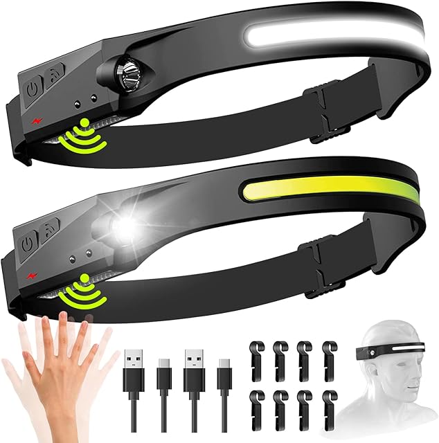 Head Torch Rechargeable, 2 Pieces LED Head Torch Super Bright 230° COB LED Headlight 5 Lighting Modes with Motion Sensor IPX4 Waterproof Lightweight Head Flashlight for Running Cycling Fishing Hiking