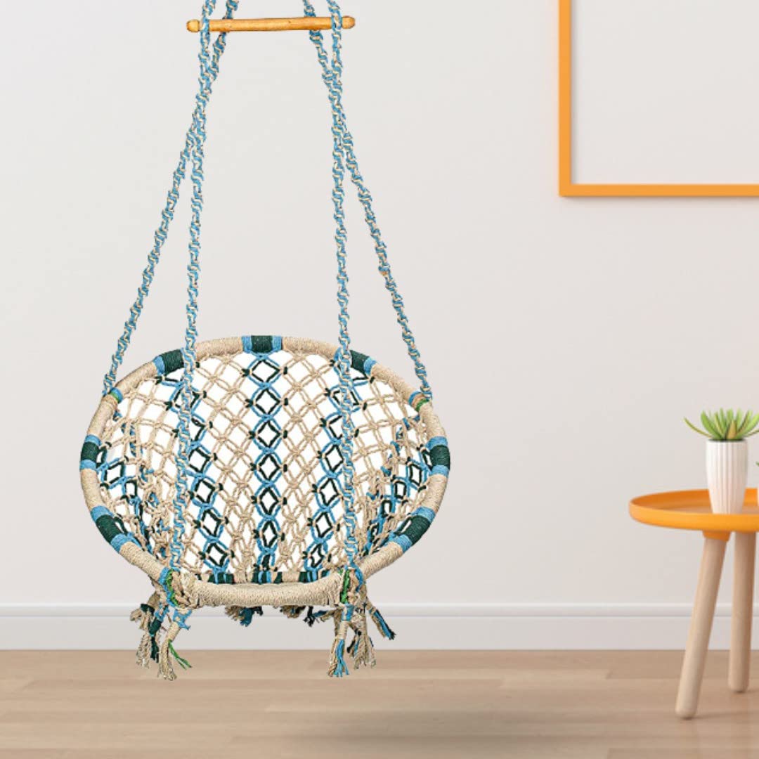 Curio Centre Make in India Cotton Round Swing for Adults/Hammock Chair/Swing Chair for Indoor for Outdoor/Swing Chair Balcony (145x67x45 cm, White, Blue, 100 kgs Capacity)-image-26