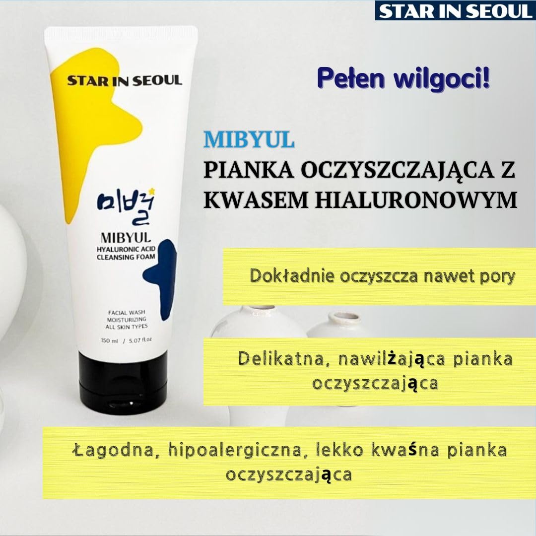 [STAR IN SEOUL] MIBYUL PIANKA OCZYSZCZAJĄCA Z KWASEM HIALURONOWYM, 150 ml, nawilżająca pianka oczyszczająca, polecana do skóry suchej i wrażliwej, Koreański wegański preparat do oczyszczania skóry.
