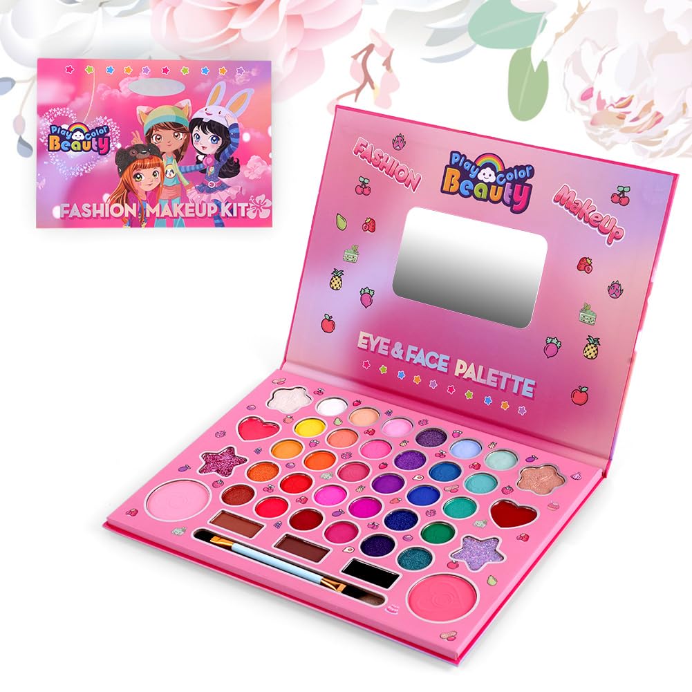 Aomig Set Maquillaje para Niñas, 41 Colores Estuche Maquillaje Niña, Juego de Maquillaje Infantil para Niñas con Pinceles, Set de Maquillaje para Cumpleaños Navidad Fiesta