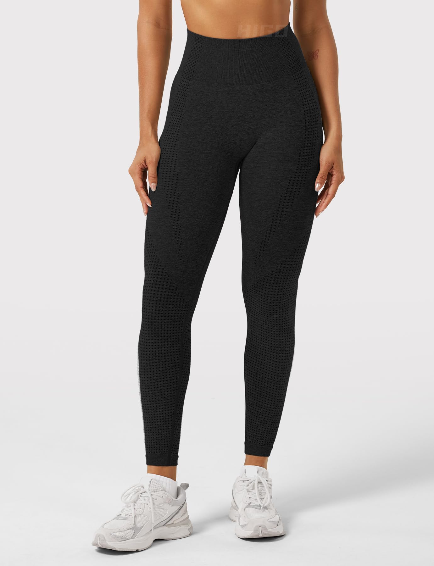 Leggings sin costuras para mujer, con contorno de sonrisa, cintura alta, para entrenamiento, gimnasio, yoga, #4 Negro 3