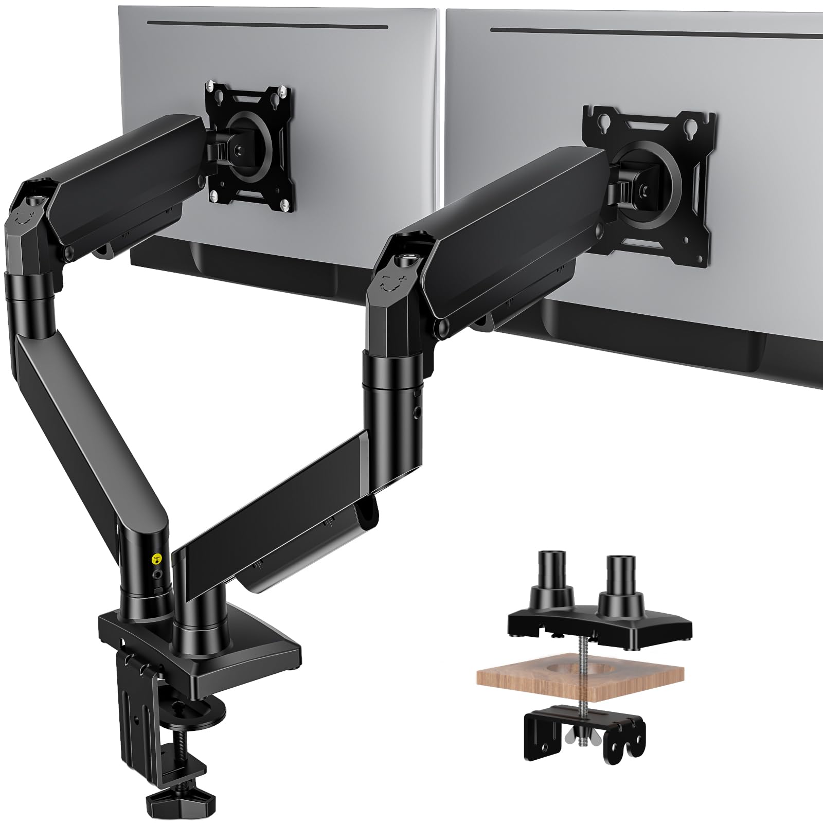 Hemudu Braccio Monitor Doppio a Molla a Gas, Supporto Monitor Scrivania Regolabile per Schermi da 17 a 32 Pollici (fino a 9kg), Compatibile con VESA 75/100 mm, con Staffa a C