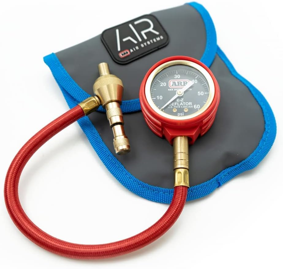 Off-road tire air-down and inflation kit with deflators, gauge, and compressor hose