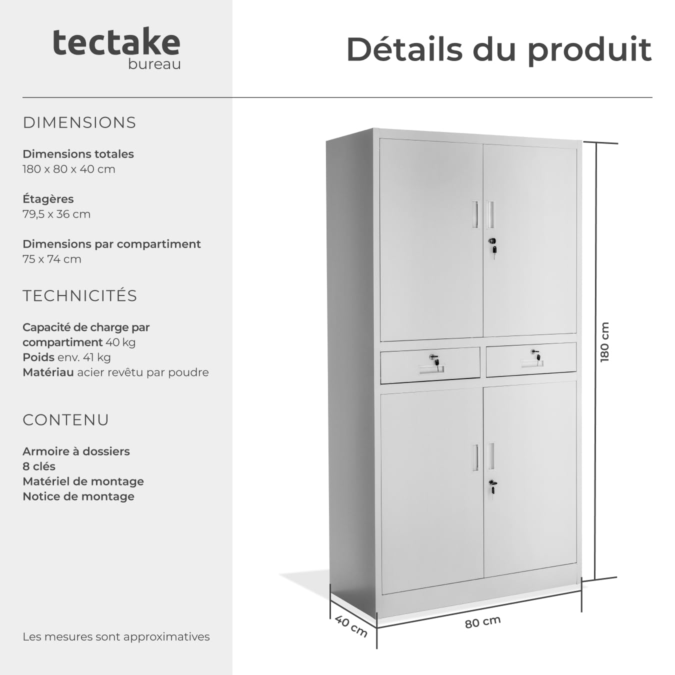 tectake Armoire de Rangement Metal Armoire de Bureau avec Serrure 4 Portes battantes et 2 tiroirs verrouillables pour Rangement Dossier, 80 x 40 x 180 cm - Gris Clair