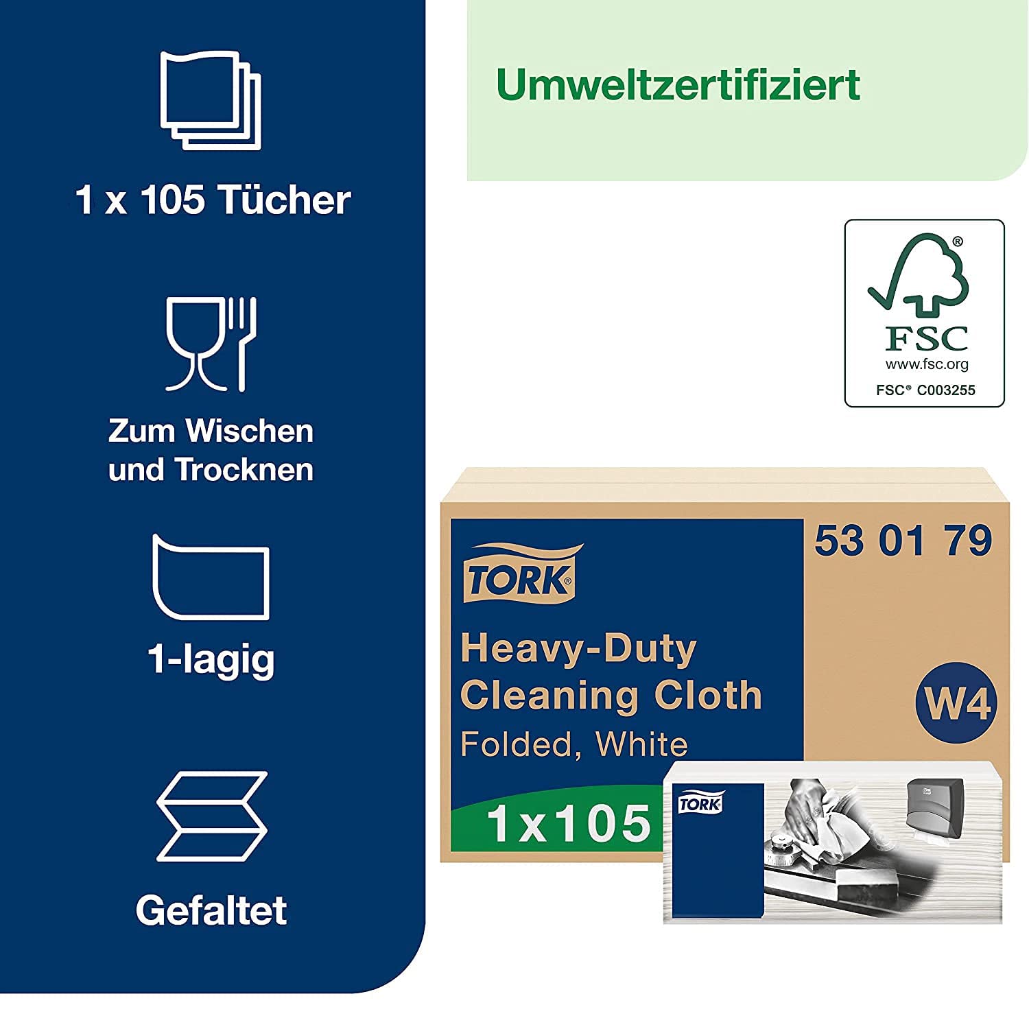 Tork Extra Starke Reinigungstücher Weiß W4, Mehrzweck, 1 × 105 Tücher, 530179