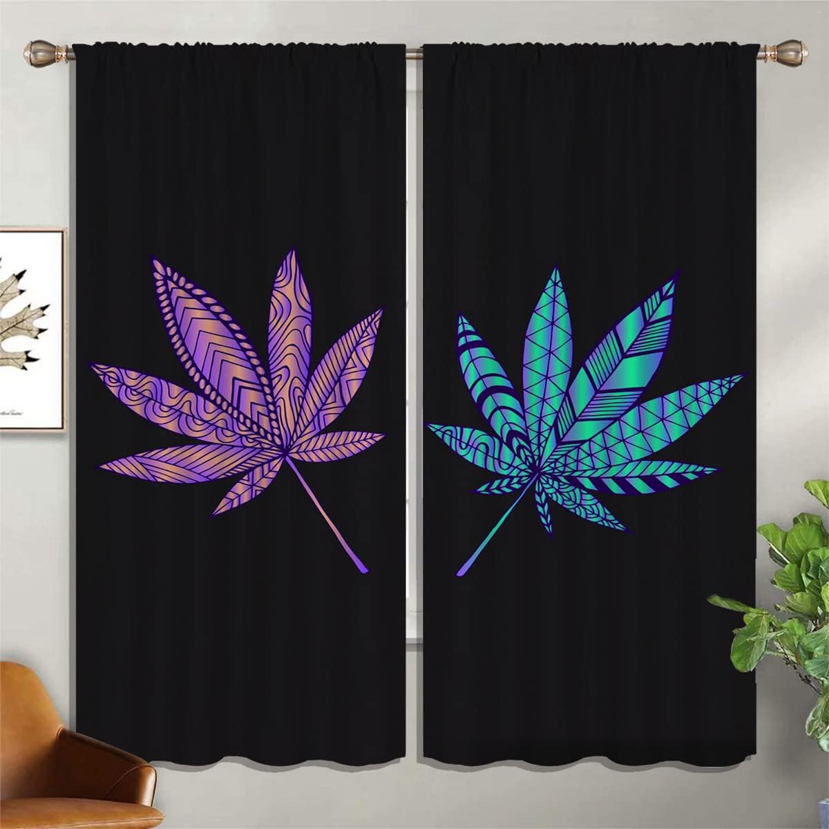 Cannabis Leaf Blackout Curtains for Boy Girl Bedroom Living Room Darkening Decor, Abstract Psychedelic with Marijuana Leaf Weed Rod Pocket Thermal Insulated Window Curtain/Drapes 2 Panel, 55x63 Inch