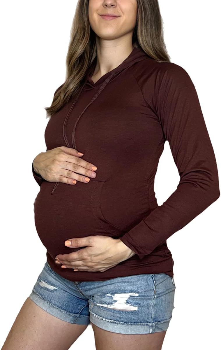 MISS POPULAR Womens Maternity Hoodie Ruched Side Long Sleeve Front Pocket Cozy Pregnancy Layering Sweatshirt