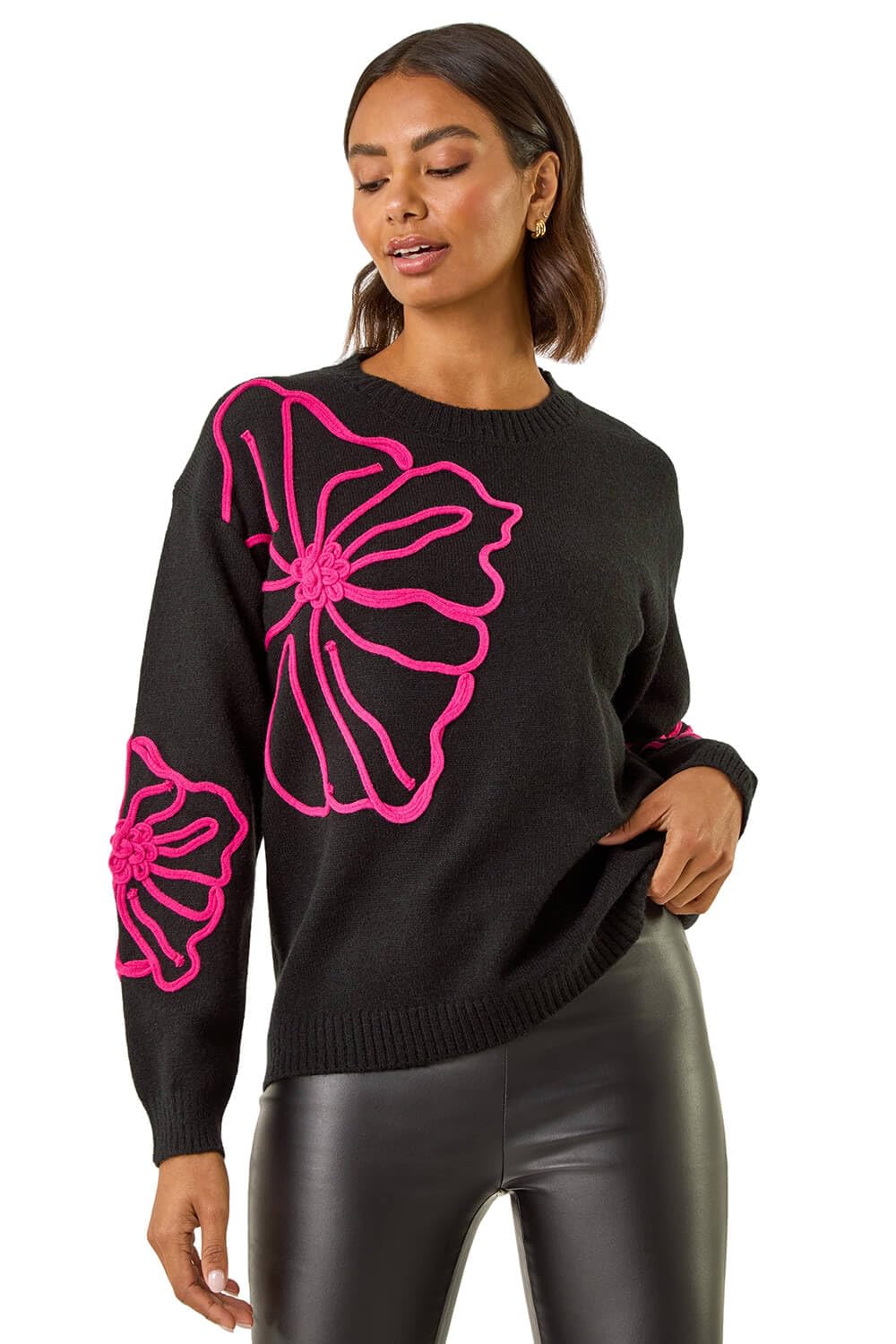 Roman Originals Cornelli Floral Knit Jumper for Women UK - Ladies Everyday Autumn Winter Round Neckline Comfy Soft Evening Vacation Work Party Night Out - Black - Size ML