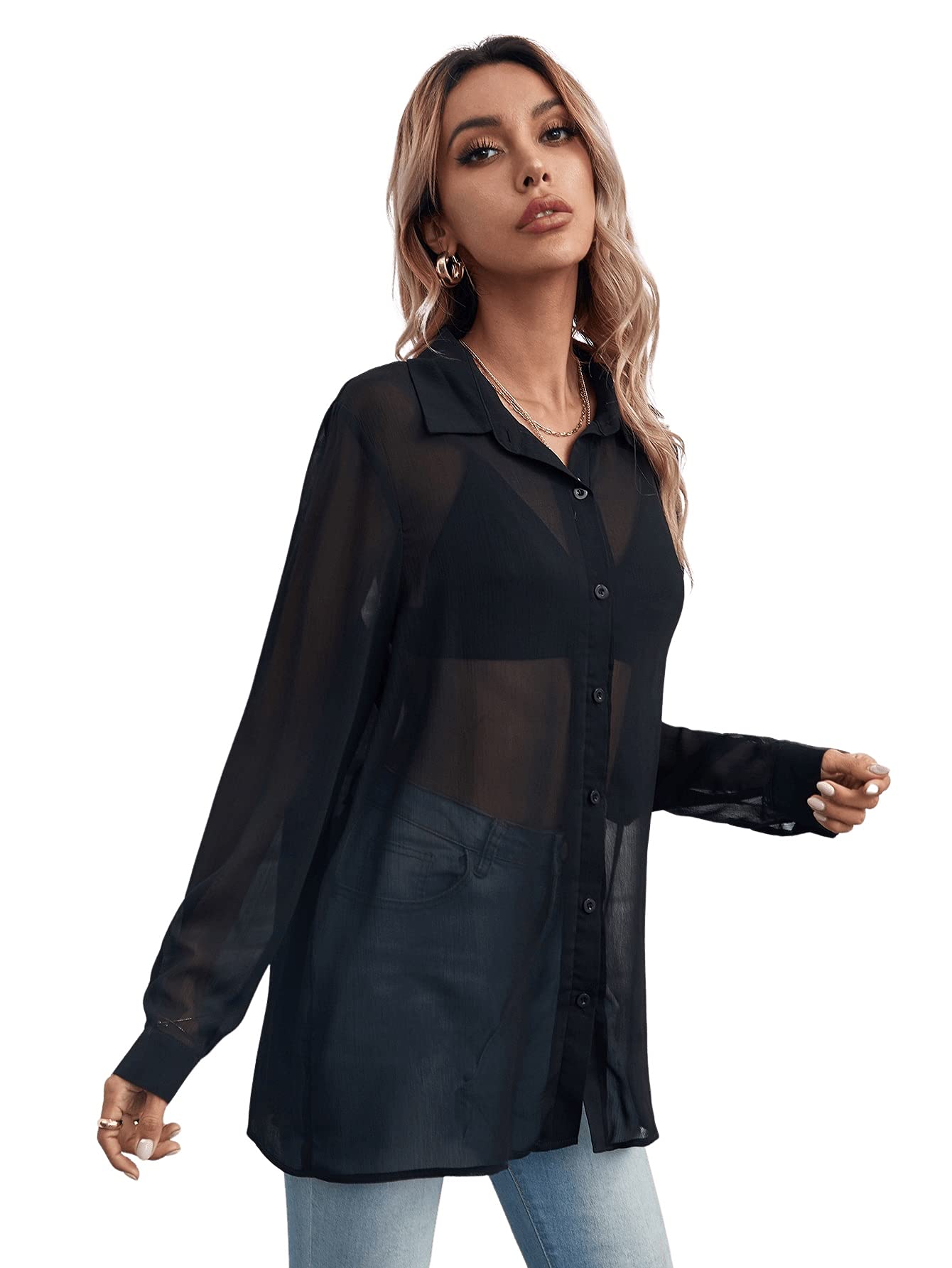 Floerns Blusa de Manga Corta con Botones de Malla Transparente para Mujer