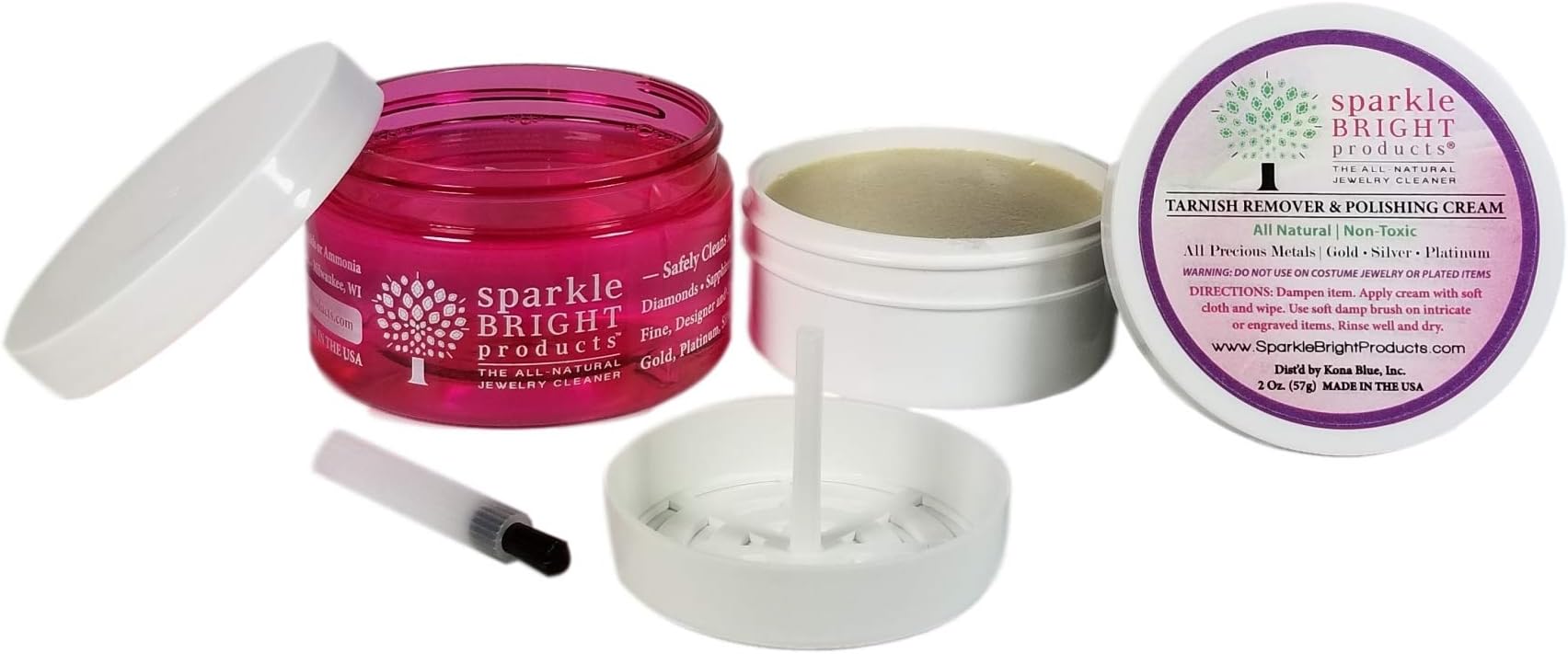 Sparkle Bright ProductsAll-Natural Jewellery Cleaner | Starter Jewellery Cleaning Kit | Includes: 4 oz. Liquid w/Dip Tray & Detail Brush, & 2 oz. Tarnish Remover & Polishing Cream
