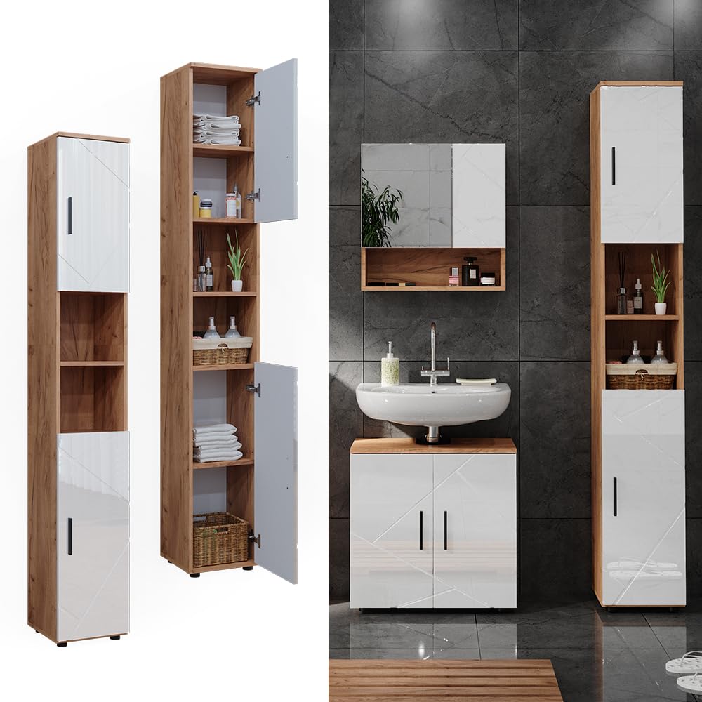 Vicco Badschrank Irma, Weiß Hochglanz/Goldkraft Eiche, 30 x 192 cm mit Türen, und offenen Fächern, zur Aufbewahrung von Badutensilien und kompatibel mit Irma-Serie