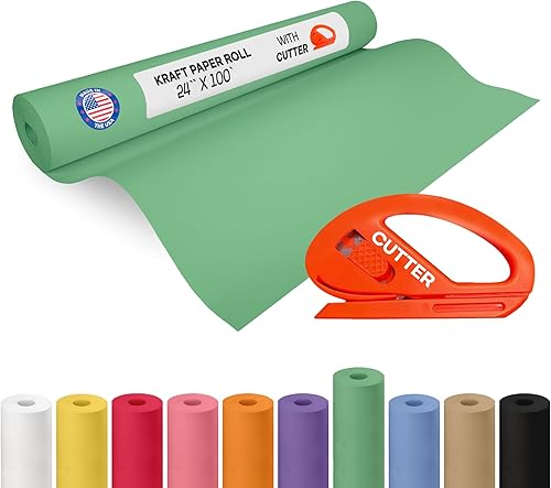 Vista 199 de Rollo de papel kraft marrón de 24 x 1800 pulgadas (150 pies) con cortador, papel de calidad fabricado en Estados Unidos, 50 libras de grosor