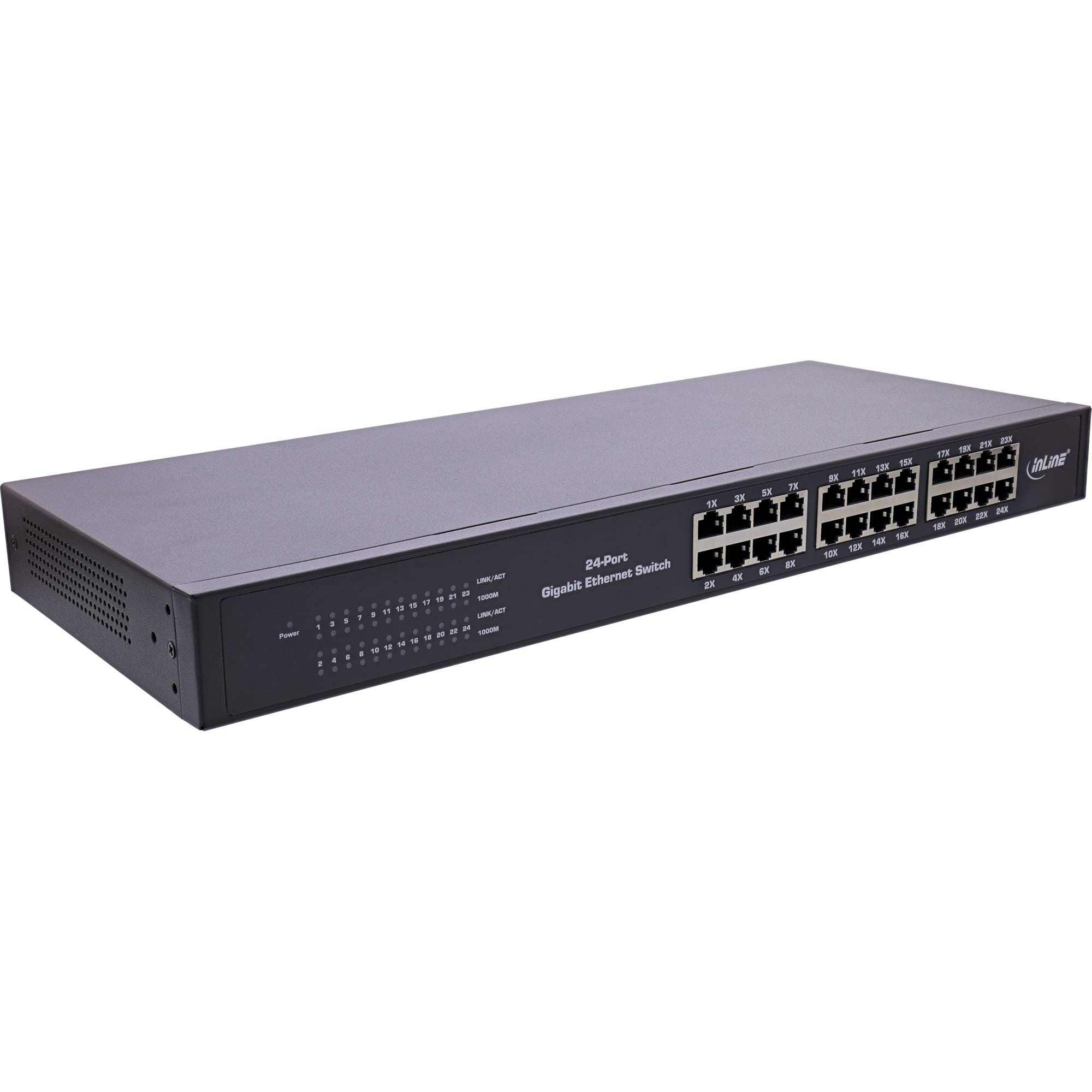 InLine® Conmutador de Red Gigabit (24 Puertos, 1 GBit/s, 48,26 cm/19", Metal, sin Ventilador)