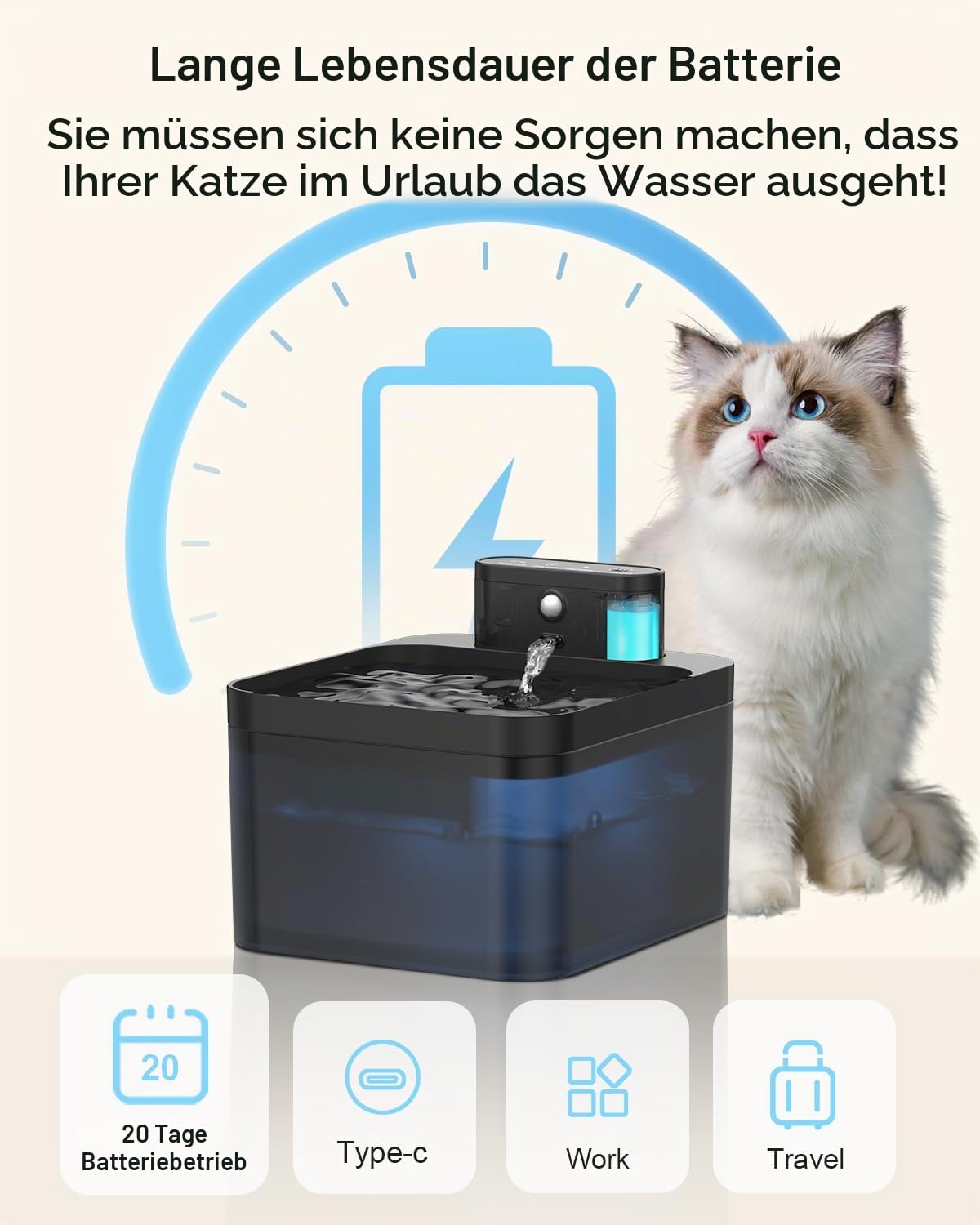Katzenbrunnen Kabellos, VinDox 2.2L Trinkbrunnen für Katze Kabellos mit Bewegungsmelder, Batteriebetrieben Katzentrinkbrunnen, 2600mAh, Leise Wasserpumpe, 6 Ersatzfilter+ 6 Filterschwämme, Schwarz