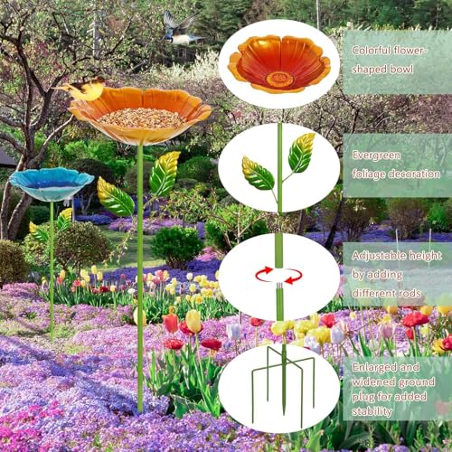 Image of 2 Pack Bird Bath for Outside, Outdoors Garden Decor Flower Birdbath | Colorful Metal Bird Bowl with Five Stakes for Hummingbird Baths & Bird Feeders, 31.3 inch H x 10.63 inch Dia (Blue,Yellow)