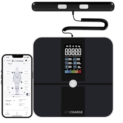 LifeCHARGE Báscula inteligente de grasa corporal de 8 electrodos, 2 básculas PRO para peso corporal y grasa. Báscula digital de peso IMC de gran